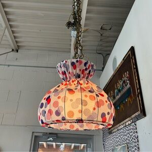 Vintage swag lamp Hanging light polka dot fabric kitschy red blue white